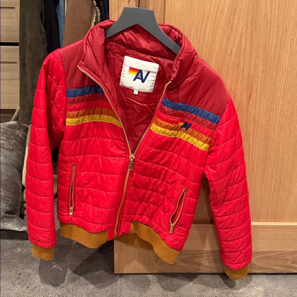 Women’s Red Quilted Jacket with Multicolor Stripe